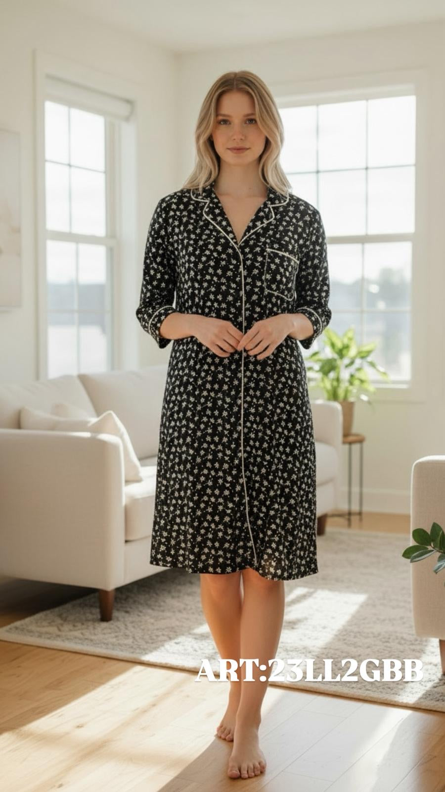 Camicia da notte Twinset nera con fiori bianchi